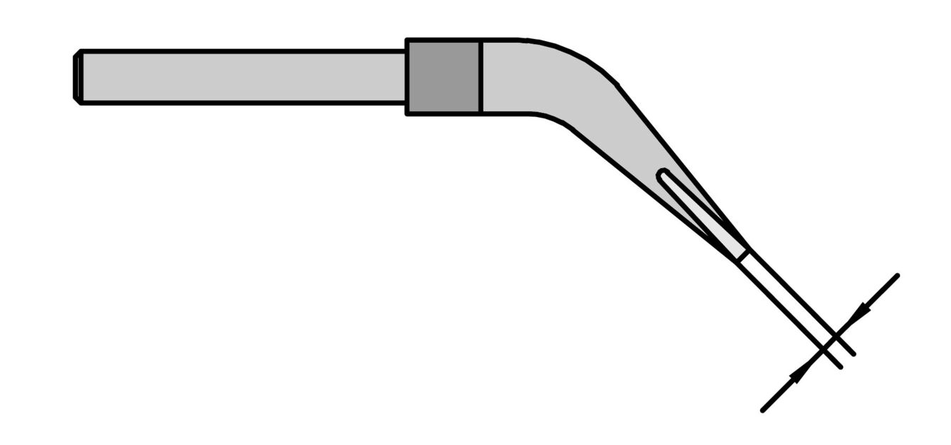 The image shows a tool attached to a long, straight handle. The tip is curved and has an opening on the side that faces a surface.