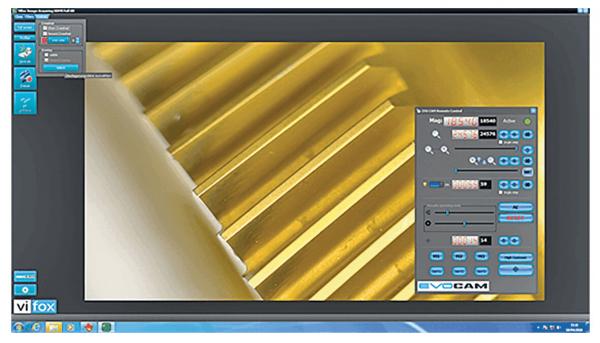 The image displays a computer-generated user interface with an enlarged view of fine, parallel grooves in gold color. On the left side, tools and controls are depicted to alter the view.