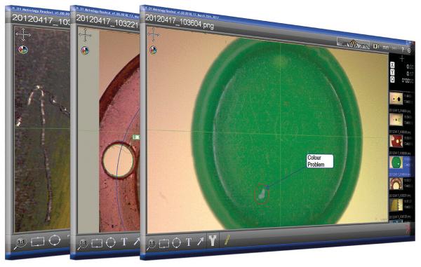 The image displays three side-by-side views of a surface. The first view is dark, the second has a reddish hue, the third shows a green plate with a notice board.