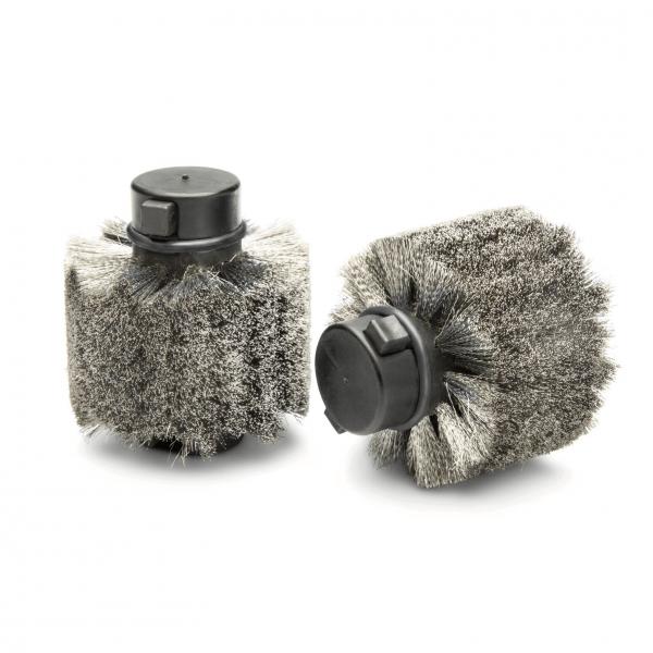 The image shows two round brushes with a black plastic head and a dense, gray bristle field. They are designed for cleaning purposes and have a compact shape.