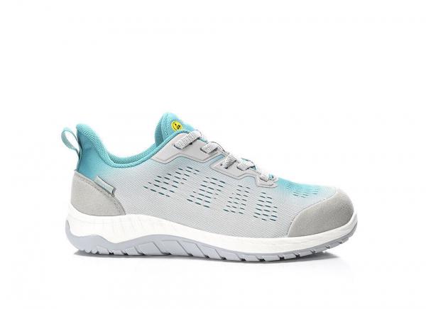 The shoe is a lightweight, gray sports shoe with blue accents. It has a non-slip sole and mesh-like inserts for better ventilation. The design is modern and sporty.