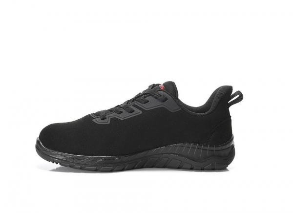 The image displays a black athletic shoe with a continuous, non-slip sole. It features a simple design with a flat shape and a padded heel for comfort.