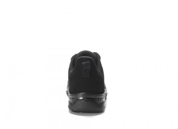 The image shows the rear view of a black sports shoe. The sole is shiny and slightly elevated, while the upper part is made of a matte fabric. A small section for the laces is visible.