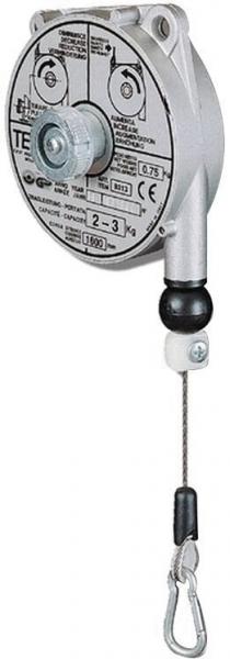 The image shows a metal lifting device in a circular shape with a central roller. A small hook is attached to a cable. Technical specifications are printed on the front.