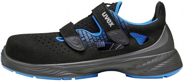 The shoe is mid-top, black with blue accents. It has two Velcro straps and a perforated surface for breathability. The sole is sturdy and slip-resistant.