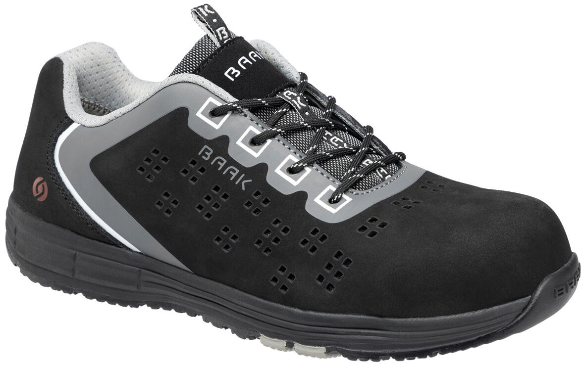 The shoe is black with gray details. It has a reinforced toe cap, coarse tread, and many small holes for ventilation. The laces are black, the insole comfortably padded.