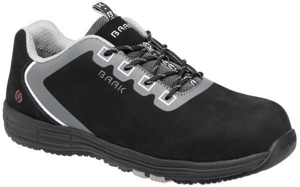 The image shows a black safety shoe with a gray trim. It has a flat sole, laces, and a reinforced toe cap for protection. The surface is made of durable material.