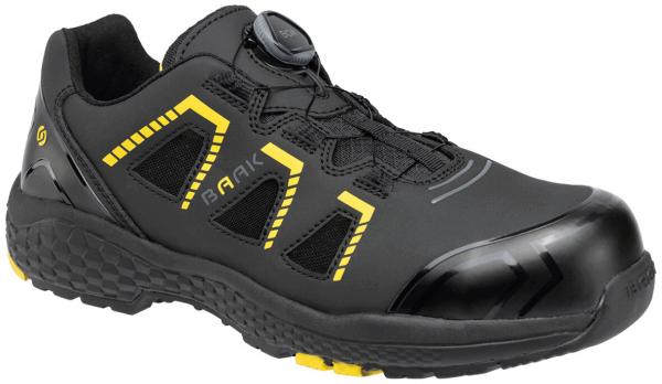 The shoe is sporty and black, with yellow accents. It has a sturdy, non-slip sole and a closed toe cap. A quick-lacing system is integrated into the upper material.