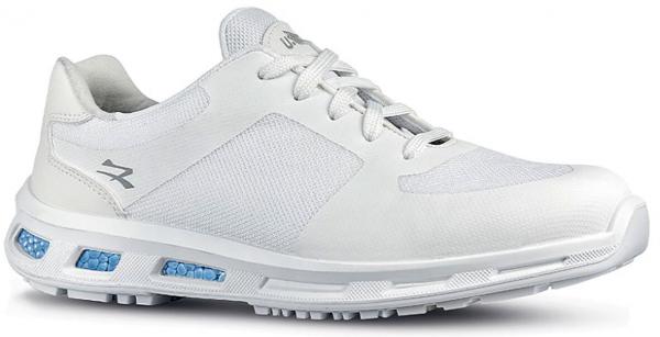 The shoe is sporty, in pure white with breathable upper material. It has a flat sole with blue cushioning elements on the bottom and classic lacing.