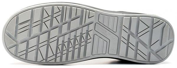 The image shows the sole of a shoe. It is flat and made of rubber, with a textured pattern of grooves and geometric shapes that provide good grip.