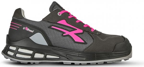 The shoe is a sporty, black sneaker with pink accents. It has a breathable surface and a sturdy, textured sole for good grip. The shoelaces are also pink.