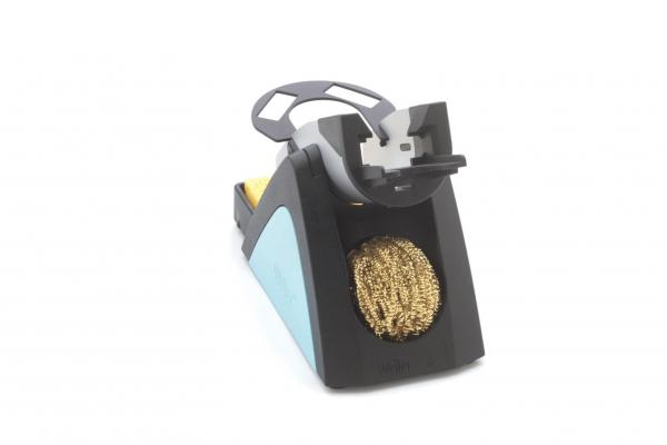 The image shows a black electric sanding block with a blue side. It has a holder on top and a round sanding brush made of golden wires.