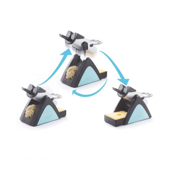 The image displays a hand tool plane in three positions. The body is triangular with a blue surface. Adjustable parts that facilitate planing are visible at the top.