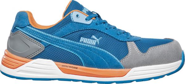 The shoe is a sporty sneaker in blue with gray and orange accents. It has a cushioned sole and breathable material for comfort. The logo is clearly visible.