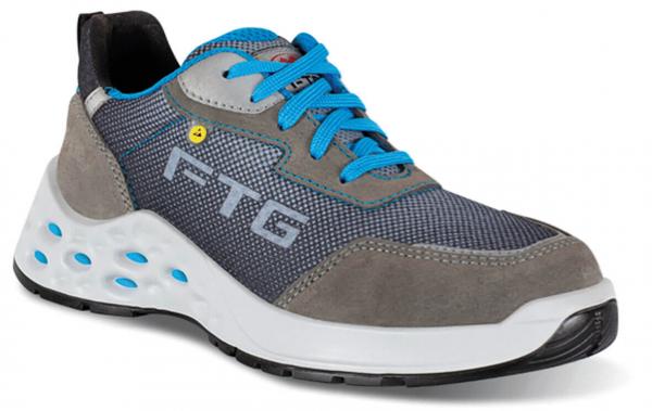 The shoe is a sporty sneaker with gray upper and blue shoelaces. The sole is white, with blue air holes, and the shoe has a modern, comfortable shape.