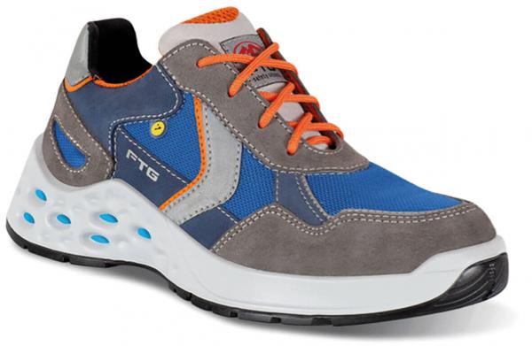 The shoe is a sporty sneaker in gray, blue, and orange. It has a padded sole with a round shape and small holes for ventilation. The shoelaces are orange.