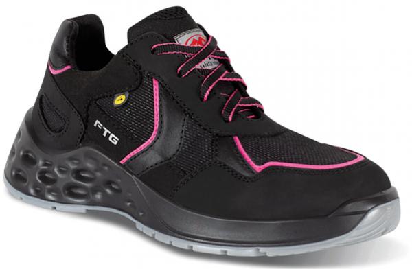 The shoe is a sporty, black sneaker with pink accents. It features a generous, padded sole for cushioning and is equipped with classic laces. Ideal for active use.