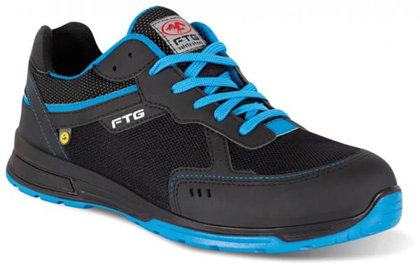 The shoe is sporty, predominantly black with blue accents. It features a breathable upper, flat laces, and a grippy sole. Ideal for active use.