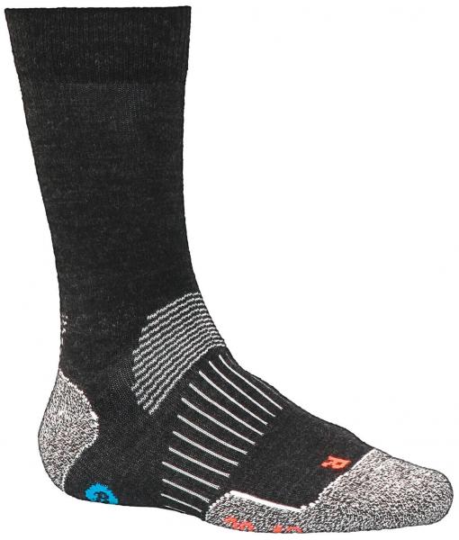 The image shows a black sock with gray and white stripes. It has a reinforced heel and toe area, as well as small, colored markings on the side.