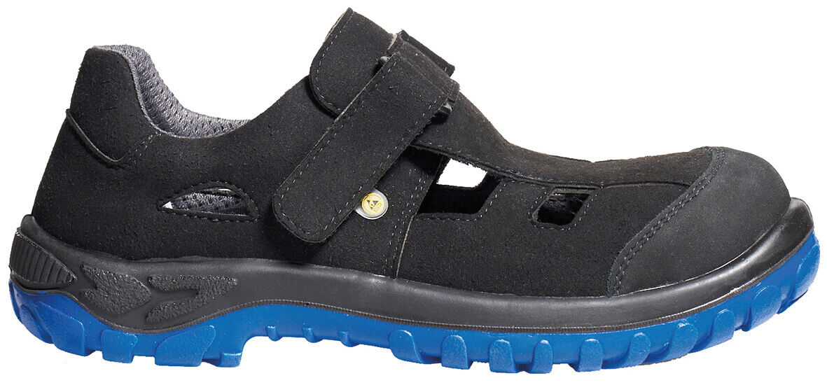 A black outdoor shoe with Velcro closure, featuring openings at the front and sides. The sole is blue and grippy, ideal for active use.