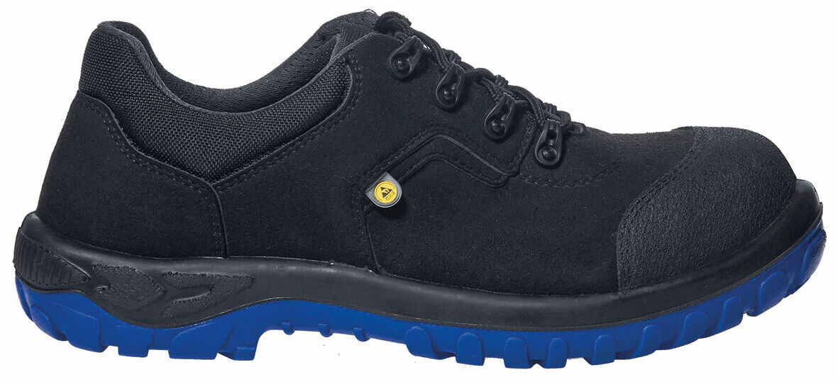 The shoe is a black lace-up with blue rubber soles. The toe cap is reinforced, providing protection. The material appears sturdy and durable.