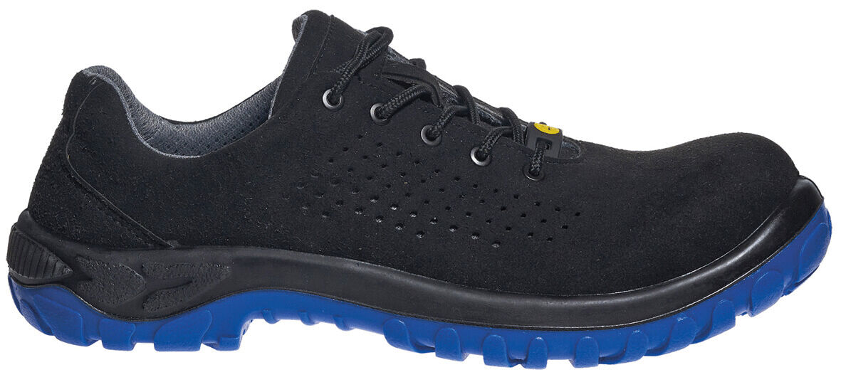 The shoe is a light, black lace-up half shoe. It has a sturdy, non-slip sole in blue and small ventilation holes for breathability. Ideal for leisure or work.