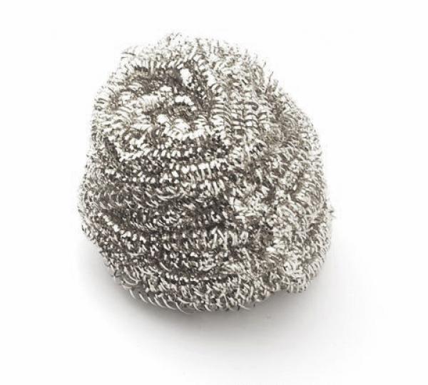 The image shows a gray, compact structure made up of many thin, spiral-shaped metal threads. It has an irregular, somewhat organized shape and looks like a small, metallic ball.