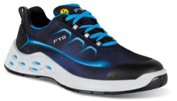 The shoe is sporty, has a black upper with blue accents. The sole is white and has larger holes for ventilation. The laces are also blue.