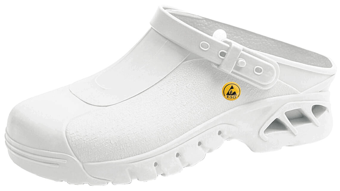 The image shows a white clog made of lightweight material. It has an open heel, an adjustable strap, and a non-slip sole with air vents on the sides.