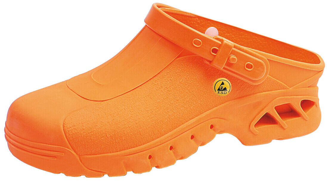 It is a brightly orange-colored clog. The shoe has a closed toe area, an open heel, and an adjustable strap. The sole is textured for better grip.