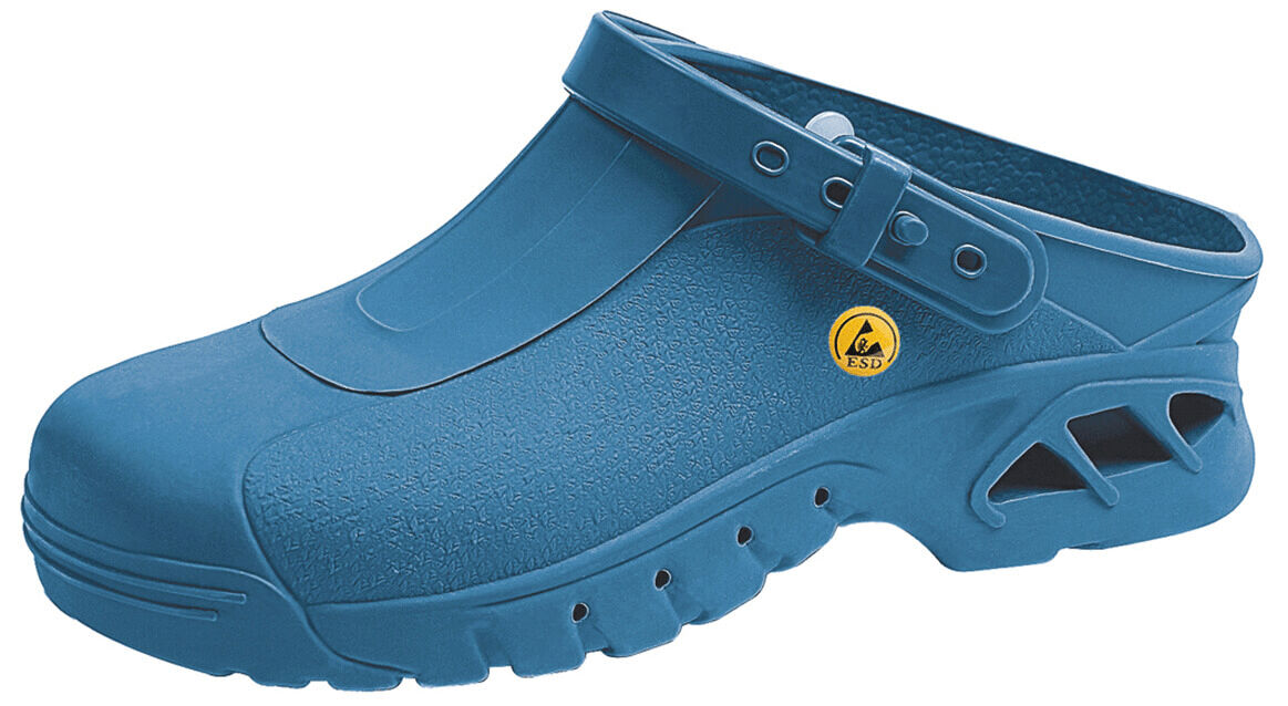 The shoe is a blue clog made from flexible, lightweight material. It features a closed front area, an adjustable strap, and ventilation holes on the side.