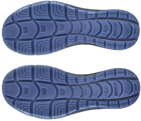 The image shows the soles of sneakers. They are blue with a tread pattern of various curves and lines that provide slip resistance and comfort.