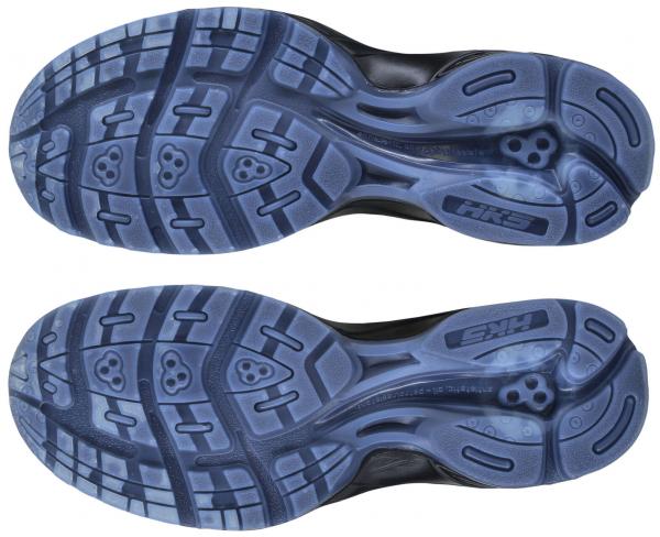 The image shows the soles of two sports shoes. They are in a blue shade with a textured pattern of grooves and studs, which provide grip and traction.