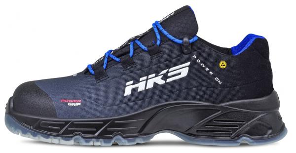 The shoe is sporty, primarily black with blue accents. It has a sturdy, non-slip sole and a reinforced toe cap. The laces are color-coordinated and robust.