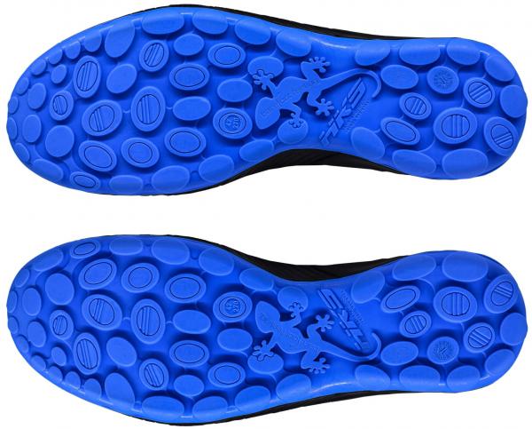 The image shows the underside of two sports shoes. The sole is in blue and features a structure with round indentations. In the center, there is a stylized gecko depicted.