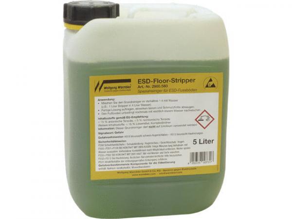 The container is a green plastic canister with a black screw cap. It contains 5 liters of ESD Floor Stripper, a cleaning agent, labeled with warning notices and ingredients.