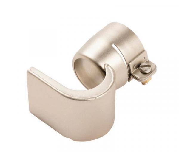 The image displays a silver metal part with a U-shaped hook. It features a round pin for attachment and a flat, rectangular base. It appears sturdy and functional.