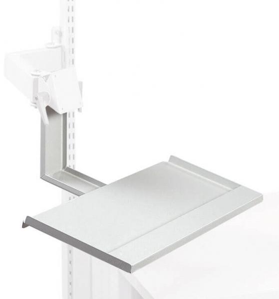 The image shows a swiveling tabletop attached to a vertical support. The top is rectangular and made of lightweight metal. It provides space for storage or work.