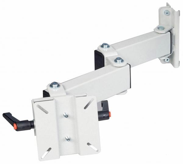 The image shows a white metal wall mount with multiple joints. It has a plate for mounting on the wall and a movable arm structure for flexible positioning.