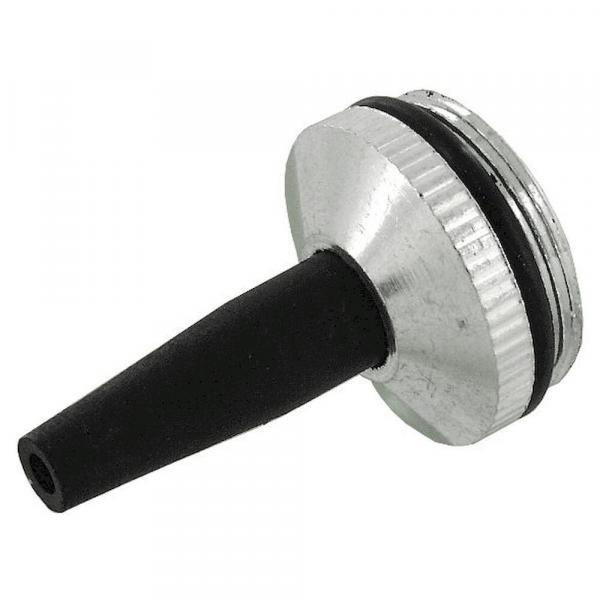 The image displays a round, silver metal part with a narrow, black rubber tip. It features a textured upper edge and a conical shape pointing downwards.