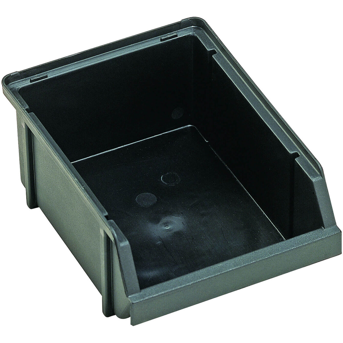 The image shows a rectangular, black plastic box without a lid. It has beveled walls and a flat bottom, suitable for storing small items.