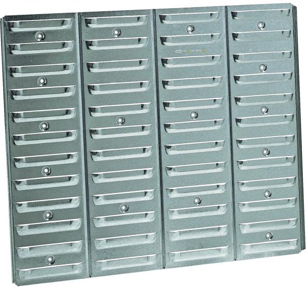 The image shows a metal board with several equal-sized, rectangular compartments. Each compartment has a small opening or handle to allow access, arranged in multiple horizontal rows.