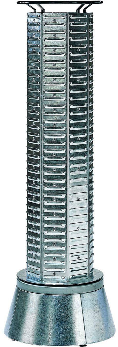 The image shows a tall, cylindrical grater made of stainless steel. It has several vertical slots on the sides and a stable, wide base. Two handles are attached at the top.