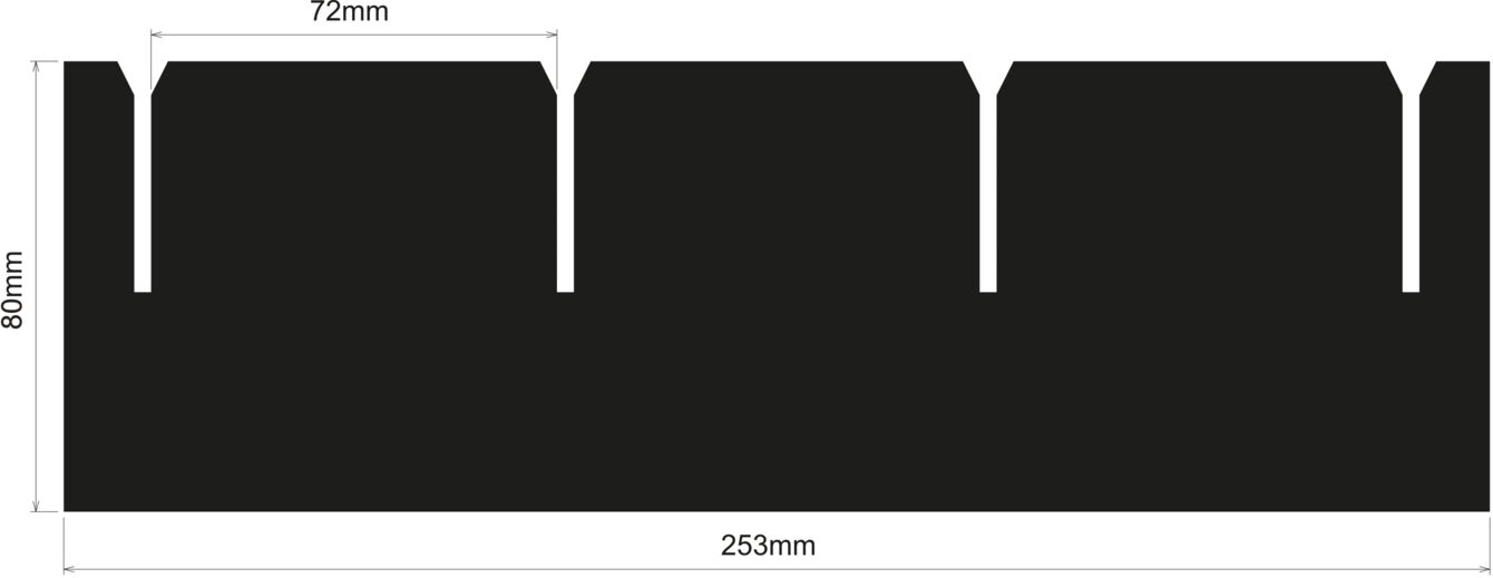 The image displays a black, rectangular shape with waved edges. It has a height of 80 mm and a width of 253 mm. There are three notches at equal intervals.