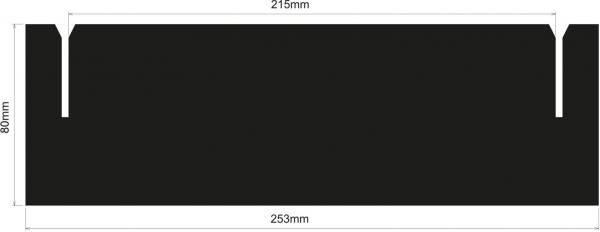 The image shows a black, rectangular shape measuring 253 mm in width and 50 mm in height. On the sides, there are two cutouts, each 215 mm wide.