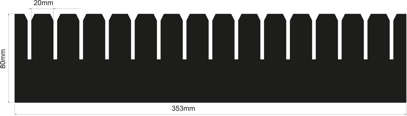 The image displays a black elongated bar with uniform, upward-pointing spikes. The dimensions are 20 mm high and 335 mm long.