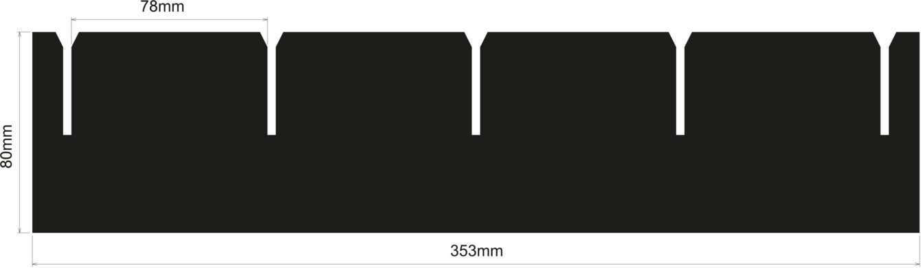 The image displays a black, rectangular shape with a height of 86 mm and a width of 359 mm. Along the upper edge, there are uniform, recessed notches.