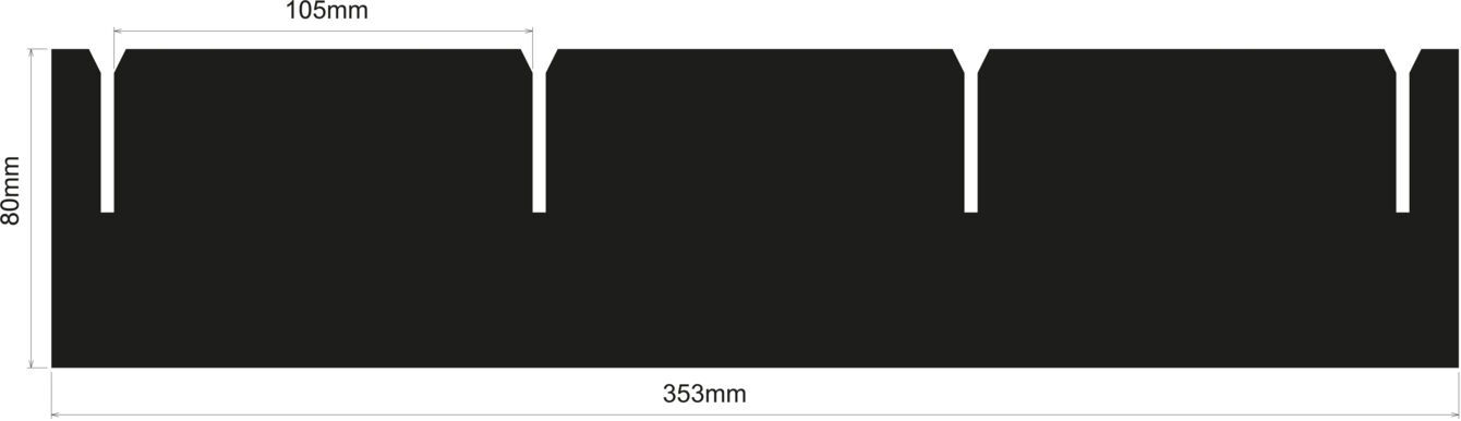 The image displays a black, rectangular area with three even notches on the upper edge. The dimensions are provided on the sides: 360 mm in width and 90 mm in height.