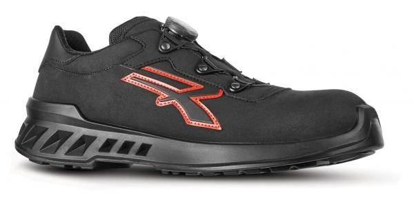 The shoe is black with a sturdy, rubberized sole. It features a sporty design, a round toe, and a lacing system with a convenient twist lock in the center.