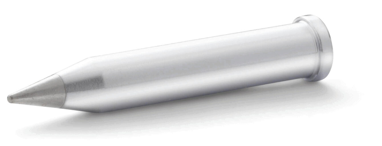 The image displays a silver, cylindrical pen with a pointed tip and a flat end. It is lying at an angle on a white surface. Simple, modern design.